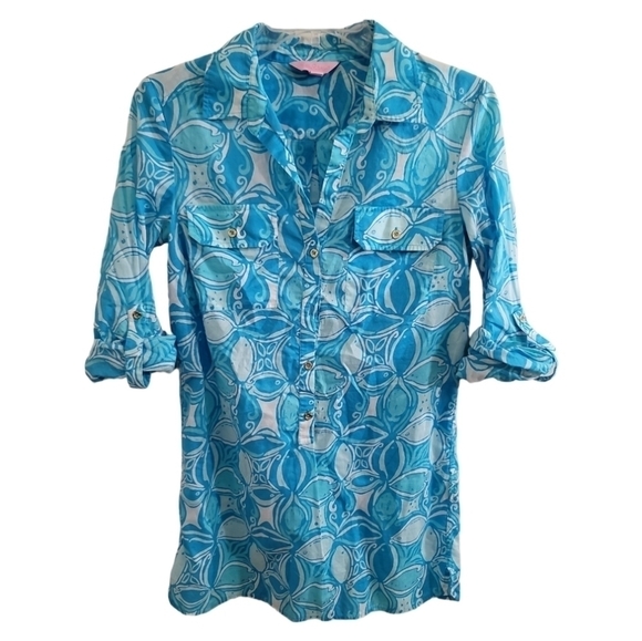 Lilly Pulitzer Captiva Tunic Top XS Half Button Ariel Blue What a Racquet - Picture 2 of 7